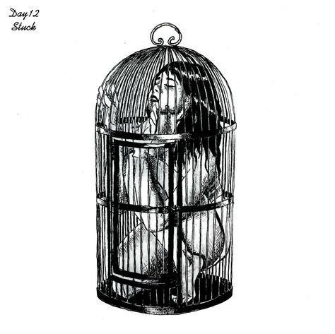 Graphic art woman in a huge bird cage Bird And Cage Drawing, Person In Bird Cage, Locked In A Cage Art, Enclosed Spaces Art, Birdcage Drawing Vintage, Trap Drawing Art, A Golden Cage Is Still A Cage, Caged Mind Art, Bird In Cage Art