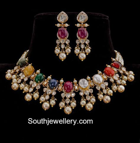 22 Carat gold antique choker and earrings set adorned with navratna gemstones, polki diamonds and pearls by Krishna Jewellers, Pearls & Gems. Latest choker designs, indina jewellery designs, gold jewellery designs Navaratna Jewellery, Choker Designs, Antique Jewelry Indian, Jewelry Designing, Wedding Jewellery Collection, Bridal Fashion Jewelry, Indian Jewelry Sets, Polki Jewellery, Gold Jewelry Earrings