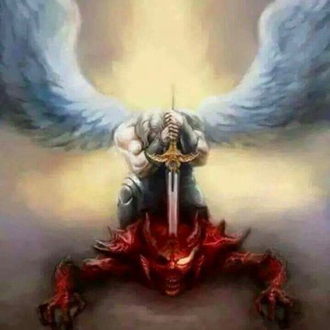 Defeating the devil demon hunter's win all the time in Jesus Name. That's how powerful Jesus is. There's power in his name. Archangel Tattoo, Jesus Drawings, Demon Tattoo, Angel Warrior, Prophetic Art, Ange Demon, Pictures Of Jesus Christ, San Michele, Heaven And Hell