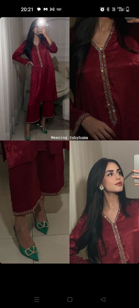 Aesthetic Desi Dress, Red Eid Outfit, Pakistani Red Suit, Red Dresses Pakistani, Desi Dress Pakistani Outfits, Pakistani Aesthetic Outfits, Pakistani Suits Design Ideas, Ayesha Baig Dresses, Photo Ideas In Traditional Wear