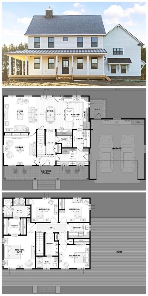 Farmers Porch, Shop Barndominium, Casas Coloniales, Farmhouse House, House Plans Farmhouse, Modern Farmhouse Plans, House Blueprints, Barndominium Ideas, Farmhouse Style House