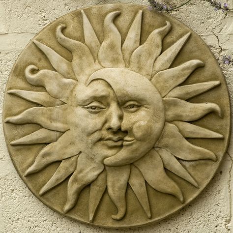 Garden plaque sun moon face - beautifully done Sun Face Art, Moon With Face, Moon Faces, Garden Wall Plaque, Sun Decor, Ceramic Sun, Garden Plaques, Sun Face, Tanah Liat