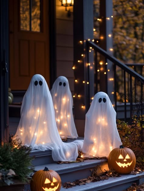 8 DIY Outdoor Halloween Decorations to Try This Year Fun Halloween Yard Decorations, Easy Halloween House Decor, Cute Ghost Outdoor Decor, Ghost Lawn Decoration, Pathway Halloween Decorations, Halloween Decorations Driveway, Halloween Outdoor Ghosts, Outdoor Fall Halloween Decor, Halloween Steps Decor