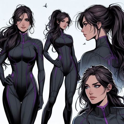 basic11 Illustration of a heroine in a sleek black suit with purple accents, standing confidently with different poses. | Sky Rye Design Cool Character Concept Art, Superhero Oc Ideas, Superhero Female Oc, Suit With Purple Accents, Superhero Female Character Design, Female Oc Ideas Character Design Inspiration, Superhero Drawing Reference, Superhero Art Oc, Superhero Oc Female