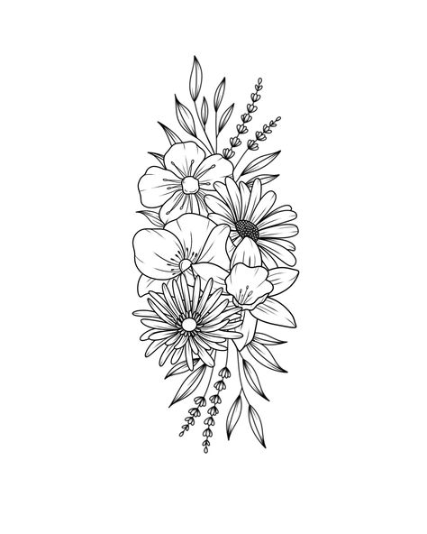 Wild Flower Tattoo Ideas, Floral Bunch Tattoo, Women’s Forearm Tattoo Ideas, Mimalistic Tattoo, Half Flower Drawing, Mayflower Tattoo, Flower Collage Tattoo, Flower Bundle Tattoos, Sj Tattoo