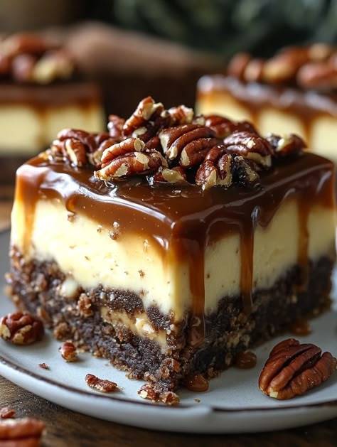 Caramel Pecan Turtle Cheesecake Bars - SavorySplash Easy New Year’s Day Desserts, Turtle Cheesecake Bars, Pecan Turtles, Cheesecake Layer, Turtle Cheesecake, Gooey Caramel, Chocolate Chip Cheesecake, Homemade Baking, Caramel Pecan