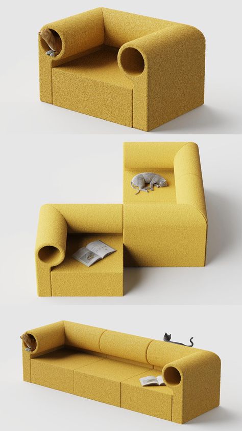 Modular Aisle Sofa Doubles as Play Tunnel Addressing Your Cat’s Curiosity Modern Sofa Design, Modular Furniture Design, Pet Friendly Furniture, Cat Furniture Design, Modular Sofa Design, Play Tunnel, Modular Chair, Sofa Modular, Soft Furniture