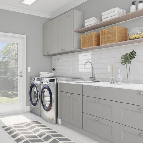 Gracious Gray Laundry Room – Laundry Room – The Home Depot Home Depot Laundry Room Cabinets, White And Grey Laundry Room, Gray Laundry Room Ideas, Grey Laundry Room Ideas, Grey And White Laundry Room, Laundry Colours, Gray Laundry Room Cabinets, Grey Laundry Room, Ikea Laundry Room Cabinets