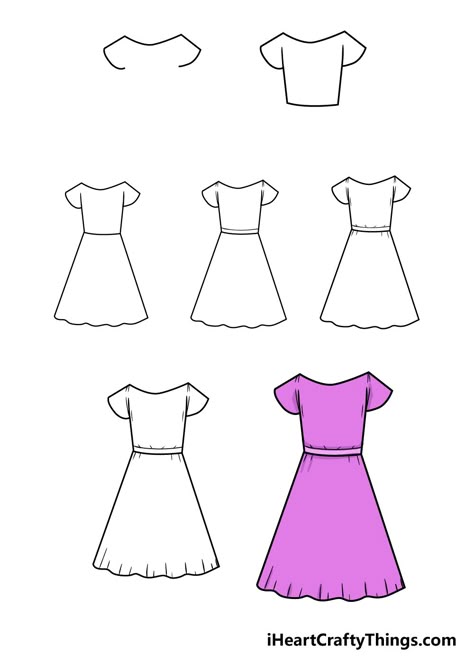 Dress Drawing - How To Draw A Dress Step By Step! Draw A Dress, Dress Drawing Easy, Shoe Art Drawing, Book Drawing Ideas, Dress Sketch, Pencil Drawing Ideas, Scratch Book, Fashion Drawing Tutorial, Drawing Ideas Creative