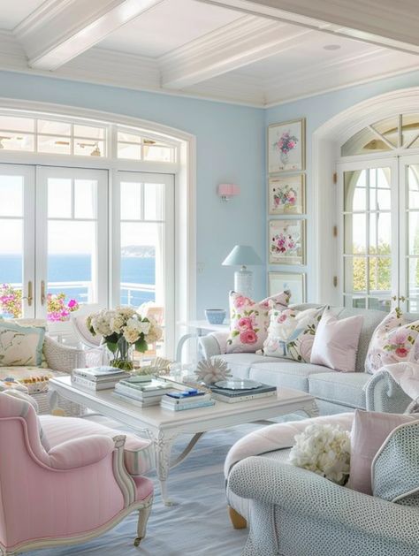 55 Modern Blue Living Room Design and Decor Ideas for Inspiration – CreativeBooster Pastel Home Design, Love Shack Fancy Living Room, Seaside Living Room, Interior Design Pastel Colors, Periwinkle Living Room, Pink And Blue Living Room Ideas, Pastel Blue Interior, Pastel Blue Living Room, Pastel Living Room Decor