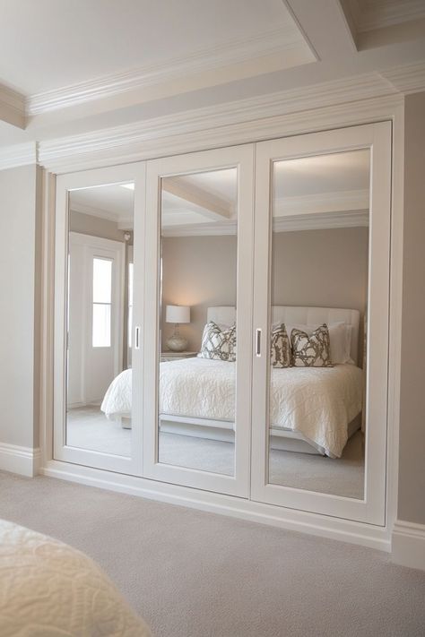 Add mirrored doors to your closet for a stylish and functional update. These doors not only save space but also add light and depth to your room. 🪞✨👗 #MirroredClosetDoors #StylishLiving #HomeDecor #ClosetIdeas Closet Sliding Mirror Doors, Mirror On Closet Doors, Walk In Closet With Mirror Doors, Sliding Door Mirror Wardrobe Designs, Farmhouse Mirrored Closet Doors, Closet Mirror Doors Ideas, Mirrored Cupboard Doors, Bedroom Ideas With Mirror Closet, Closet Door Mirrors