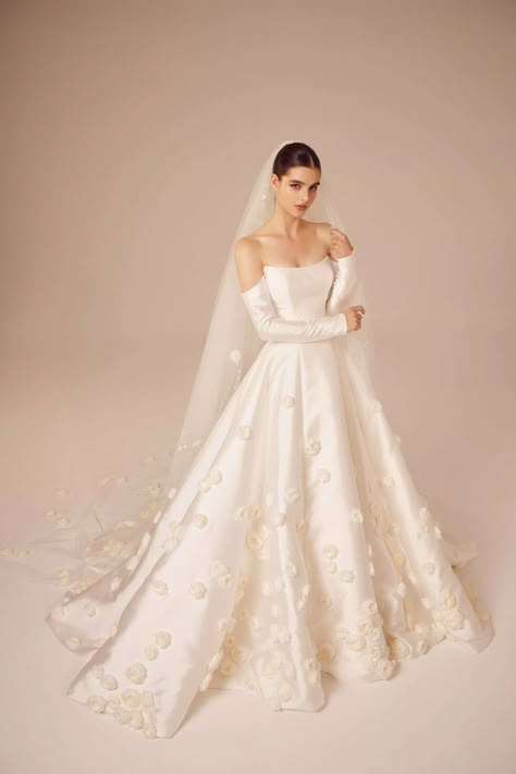 Wedding Dresses With Sleeves A Line, Wedding Dress With Flowers On Skirt, Sister Wedding Dress, Off Shoulder Wedding Gown, Nicole Felicia, Enaura Bridal, Satin Bridal Gowns, Popular Wedding Dresses, Unique Wedding Dress