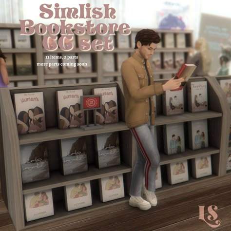 Lustrousims : The simlish bookstore set is finally heeereeee!!... Book Cc Sims 4, Sims 4 City Cc, Sims 4 Books Cc, Sims 4 Retail Cc, Sims 4 Lots, Cc Packs, Sims 4 Clutter, Furniture Cc, The Sims 4 Packs