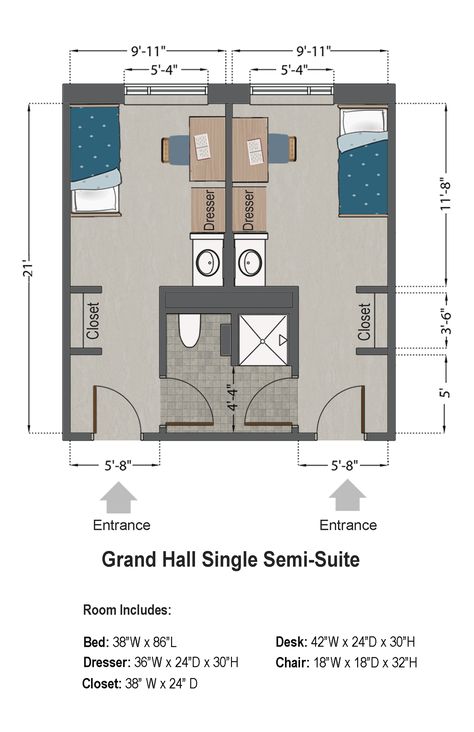 Grand Hall Single Semi-Suite (2 person room) Two Bedrooms In One Room, Single Dorm Room Layout Floor Plans, Single Person Dorm Room, Dorm Room Single Person, 2 Person Dorm Room Layout, 2 Person Dorm Room, Single Dorm Room Layout, 2 Person Dorm Room Ideas, Dorm Room Ideas Layout