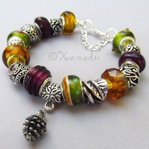 Autumn Leaves European Charm Bracelet With Silver Pine Cone Silver Pandora Bracelet, Charm Bracelet Ideas, Pandora Bracelet Ideas, Trollbeads Bracelet, Autumn Bracelet, Charms Bracelets, Crafts Easy, Pandora Style, Gold Charm Bracelet