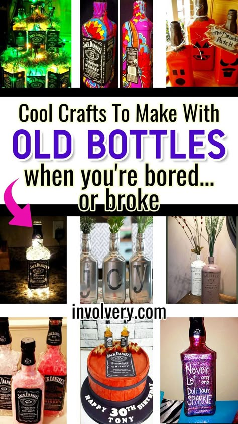 These clever crafts with old bottles are super creative and the perfect crafts to do when you're bored at home - or broke and can't afford home decor or buying gifts. If you want a romantic and THOUGHTFUL homemade gift for your boyfriend, make one of these crafts from old Jack Daniel's whiskey bottles - he will LOVE it! Whiskey Bottle Crafts, Old Liquor Bottles, Empty Liquor Bottles, Beer Bottle Crafts, Cool Crafts, Liquor Bottle Crafts, Wine Bottle Lamp, Recycled Wine Bottle, Lamp Ideas