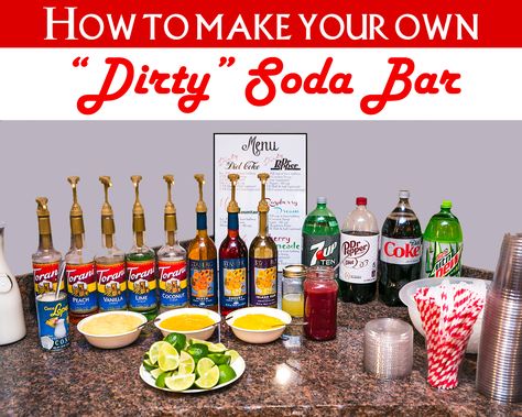 How to make your own dirty soda bar Bar Activities Ideas, Flavored Soda Bar, Soda Bar Drink Stations, Soda Bar Sign, Dirty Soda Bar, Soda Fountain Bar, Soda Station, Girls Night Snacks, Soda Drinks Recipes