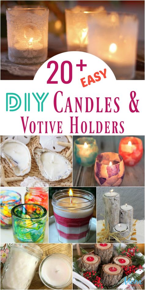 20+ Easy DIY Candles & Votive Holders You Just Have to Make #candles #DIY #votiveholders #crafts How To Make Votive Candles Diy, Small Candle Holders Diy, Repurpose Votive Candle Holders, Votive Candle Holders Ideas, Tea Light Candle Holders Diy Craft Ideas, How To Make Candle Holders, Crafts With Tea Lights, Diy Votive Candle Holders, Diy Tealight Candle Holders