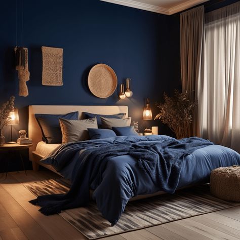 Chambre bleu nuit : 18 idées déco pour une ambiance calme ! Dark Blue Bedroom Walls, Dark Blue Rooms, Dark Blue Bedrooms, Blue Bedroom Walls, Navy Blue Bedrooms, Boho Bedroom Furniture, Blue Bedroom Design, Blue Bedroom Decor, Dark Bedroom