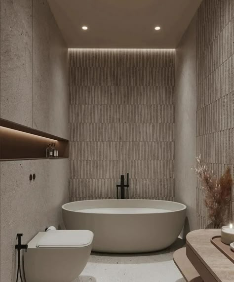 Discover a beautiful bathroom with stylish LED lighting, rounded shapes, textured walls, and chic black accents on beige interiors. Every detail radiates pure luxury 👌🏼 Follow @lyxvillan for more inspiration Credit: @tawazon_architects #luxuryliving #luxurybathroom #luxurybathrooms #modernbathroom #lightingdesign #lightingideas #lightinginspiration #bathroomlighting Luxurious bathroom, LED lighting, rounded shapes, textured walls, black accents, beige interiors, stylish design, elegant b... Bathroom Lighting Design Ideas, Minimalist Interior Design Bathroom, Modern Sleek Bathroom, Modern Beige Interior, Tawazon Architects, Luxury Bathroom Design Ideas, Textured Bathroom Walls, Black And Beige Bathroom, Bathroom Led Lighting