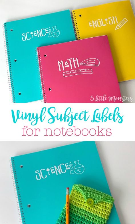 Use your Cricut machine to cut out cute vinyl subject labels to label your notebooks. Vinyl Notebook Ideas, Cricut School Labels, Cricut School Supplies, Notebook Subject Labels, School Subject Labels, Subject Design, Personalized Notebook Cover, Studie Hacks, Binder Labels