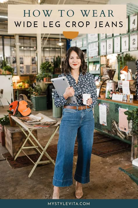 Wide Legged Denim Outfit, Cropped Denim Pants Outfit, Cropped Denim Jeans Outfit, Wide Leg Crop Jeans Outfit 2024, Fall Cropped Jeans Outfit, Wide Leg Jeans Outfit Fall Casual, Styling Cropped Jeans, Wide Leg Jeans For Summer, Women’s Wide Leg Jeans