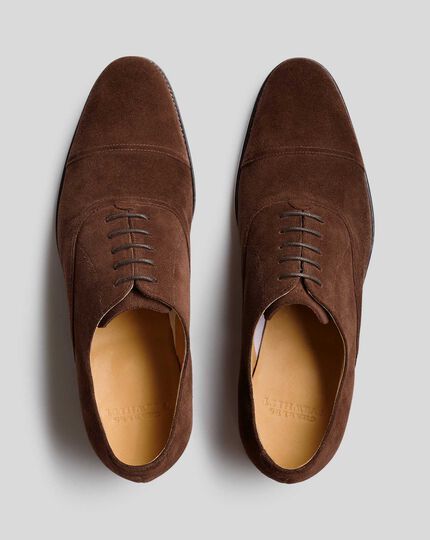 Goodyear Welted Oxford Toe Cap Shoes - Brown | Charles Tyrwhitt Brown Suede Oxford Shoes Men, Masculine Brown Oxfords For Semi-formal Occasions, Formal Smart Casual, Charles Tyrwhitt Shirt, Masculine Brown Leather Oxfords, Brown Oxford Shoes, Brown Slip-on Oxfords For Derby, Shoes Formal, Suede Oxfords