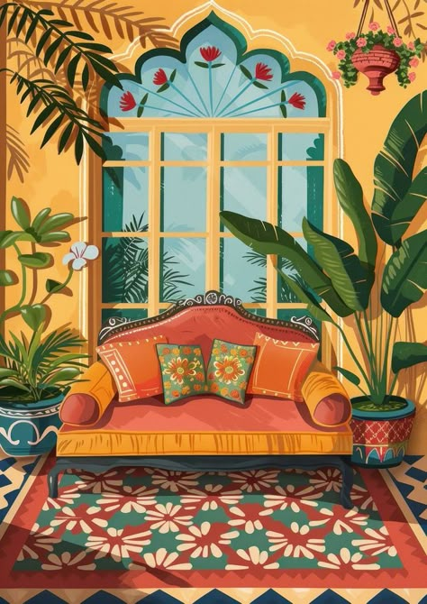 Indian traditional mughal pichwai art architecture furniture painting. | premium image by rawpixel.com / juju. Mughal Garden Painting, Indian Architecture Painting, Indian Paintings Traditional, Mughal Illustration, Indian Canvas Painting, Mughal Elements, Mughal Patterns, Jharokha Art, Mughal History