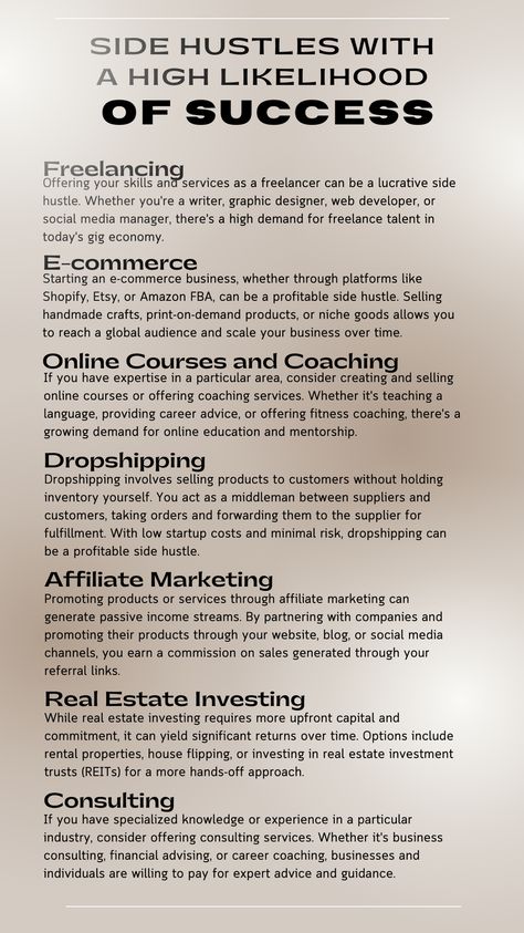 The key to success in any side hustle is identifying your strengths, passions, and market demand, and then dedicating time and effort to grow your business. Experiment with different ideas, leverage your skills and network, and don't be afraid to pivot if necessary. With persistence and determination, your side hustle has the potential to thrive and become a lucrative source of income. #MyMoneyMindset Lucrative Side Hustle, Enterpreuner Ideas, Financial Literacy Lessons, Small Business Marketing Plan, Business Strategy Management, Business Knowledge, Money Saving Methods, Entrepreneur Ideas, Startup Business Plan