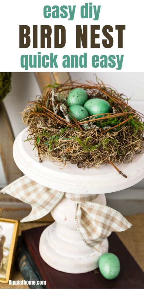 bird nest on a pedestal Nest Decoration Ideas, Diy Birdnests, Diy Bird Nest Decor, How To Make A Birds Nest Diy, Bird Nest Centerpiece, Bird Themed Decor, Diy Bird Nest How To Make, Spring Decorating Ideas For The Home Diy Projects, How To Make A Birds Nest