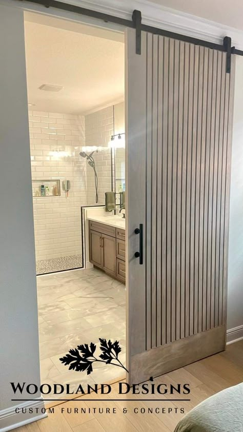 Barn door without the barn door look. (They're in Tampa!) Barn Door To Master Bath, Closet Barn Door Modern, Sliding Barn Door Master Bath, Barn Door Into Office, Modern Sliding Doors Bathroom, Bedroom Bathroom Door Ideas, Barn Door Bedroom Doors, Barn Door Alternative Bathroom, Classic Barn Door