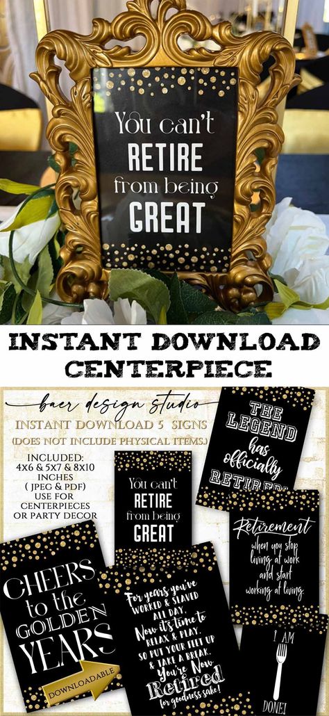 Centerpieces Black And Gold, Black And Gold Retirement Party, Retirement Party Centerpieces, Mini Wine Bottle Favors, Printable Design Paper, Military Retirement Parties, Retirement Party Themes, Digital Quotes, Retirement Decorations