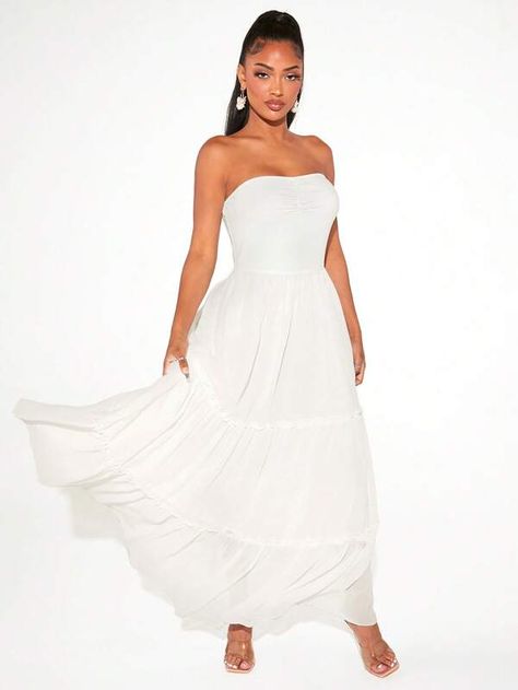 SHEIN SXY Solid Ruffle Hem Tube Dress | SHEIN South Africa White Sun Dress Long, Greek Banquet, White Graduation Dress Long, Long White Sundress, White Summer Dress Long, Long White Summer Dress, Beachy Fits, Long White Dresses, Pink Bachelorette