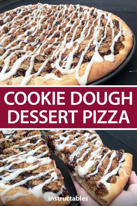 This delicious dessert pizza is baked with cookie dough and a tasty crumble on top and is topped with chocolate, caramel, and icing. #Instructables #recipe #baking #cookies Homemade Dessert Pizza, Cookie Dough Dessert, Cookie Dough Desserts, Pizza Desserts, Dessert Pizzas, Dessert Pizza Recipes, Pizza Dessert, Sweet Pizza, Pizza Ideas