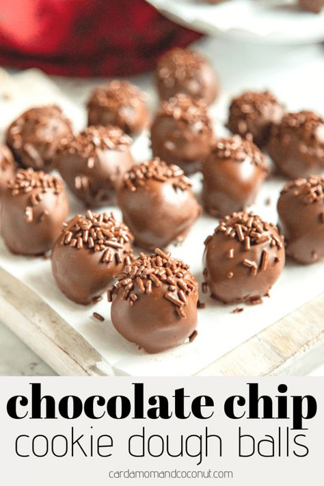 Delicious, bite-sized, egg-free chocolate chip cookie dough balls coated in dark chocolate! #CardamomAndCoconut #ChocolateChipCookies #CookieDough #Truffles #ChocolateDessert #BiteSizeDessert Chocolate Chip Cookie Dough Balls, Egg Free Chocolate Chip Cookies, Bake Snacks, Easy No Bake Cookies, Chocolate Garnishes, Bite Size Desserts, Candy Recipes Homemade, Cookie Time, Cookie Dough Balls