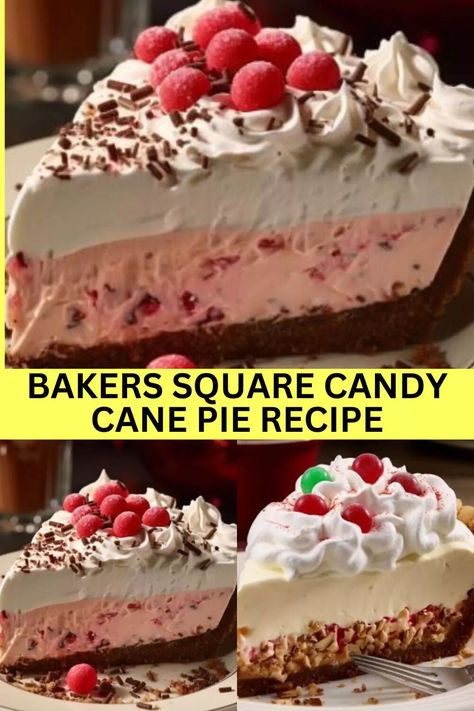 Bakers Square Candy Cane Pie Recipe, Candy Cane Pie Recipe, Peppermint Pie Recipe, Candy Cane Pie, Bakers Square, Creamy Pie, Christmas Pie, Chocolate Filling, Mini Chocolate Chips