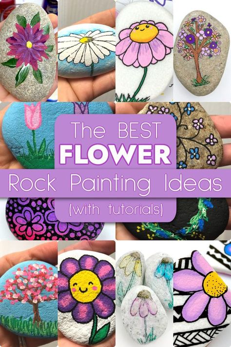 Rock Painting Tutorials | Check out 19 different flower designs to paint | Facebook Landscape Rock Painting Ideas, Painted Stepping Stones Ideas, Rock Art Mother’s Day, Paint Flowers On Rocks, Painted Rocks Flowers Simple, Rock Painting Art Acrylics, Rock Painting Flowers Easy, Painted Rocks Ideas Easy Summer, How To Paint Rocks For Outside