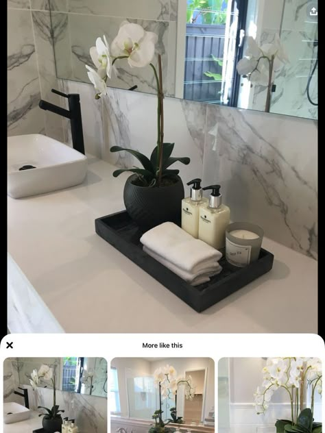 Over Tub Decor Ideas, Bathroom Sink Decor Ideas Modern, Decor For Either Side Of Tv, Black Metal Tray Decor, Tray For Center Table, Modern Chic Bathroom Decor, Stand Up Shower Organization Ideas, Cool Tones Bathroom, Bathroom Body Wash Storage