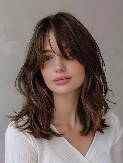 Trendy Shoulder Length Cuts with Curtain Bangs for All Face Shapes Med Length Hair Styles Layers, Midlength Haircuts Curtain Bangs, Haircut Shoulder Length Curtain Bangs, Brunette Lob Haircut With Curtain Bangs, Medium Hair Ideas Haircuts, Midlength Hairstyles Curtain Bangs, Long Bob Layers Curtain Bangs, Long Bob Hairstyles Wavy Hair, Medium Length Haircut Long Bangs