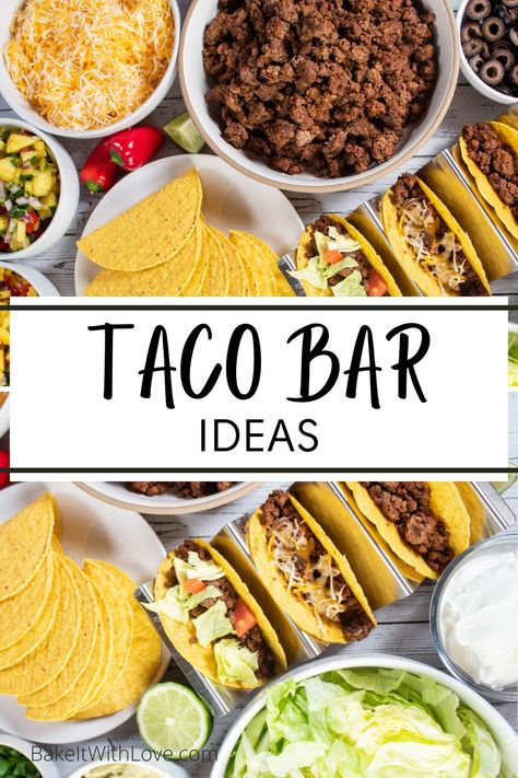 A taco bar is an easy and delicious way to feed a hungry crowd and guests will love getting to build their own tacos! With tons of tasty toppings to choose from, everyone can customize their taco to perfectly suit their tastes! Keep reading for everything you need to know about setting up the ultimate taco bar at home! BakeItWithLove.com #bakeitwithlove #tacos #tacobar #party #groundbeef Tacobar Party, Taco Bar Buffet, Mexican Party Food, Taco Bar Party, Party Food Bars, Tacos Mexicanos, Nacho Bar, Fiesta Tropical, Taco Party