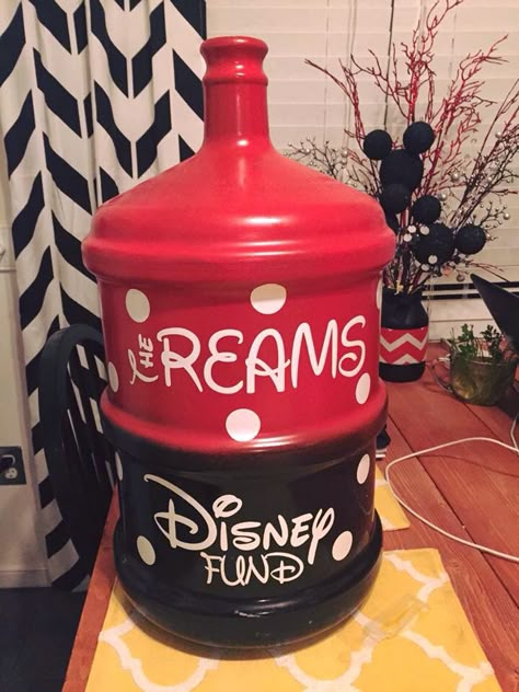 Savings jar Disney Piggy Bank, Savings Jar Diy, Disney Savings Jar, Vacation Savings Jar, Disney Savings, Travel Jar, Water Bottle Crafts, Change Jar, Savings Ideas