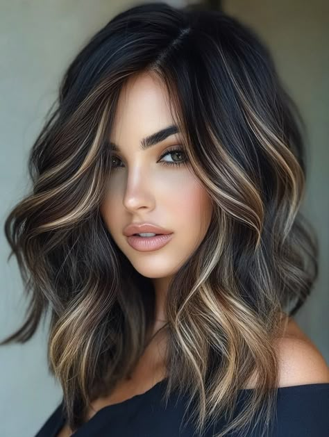 Lighter Hair Colors For Dark Hair, Blond Hair With Dark Brown Lowlights, Post Surgery Hairstyles, Dark Lowlights With Blonde Highlights, Dark Hair With Some Highlights, Dark Brown With Blonde Lowlights, Dark Hair With Ombre Highlights, Balayage Hair In Black Hair, Dark Hair Streaks