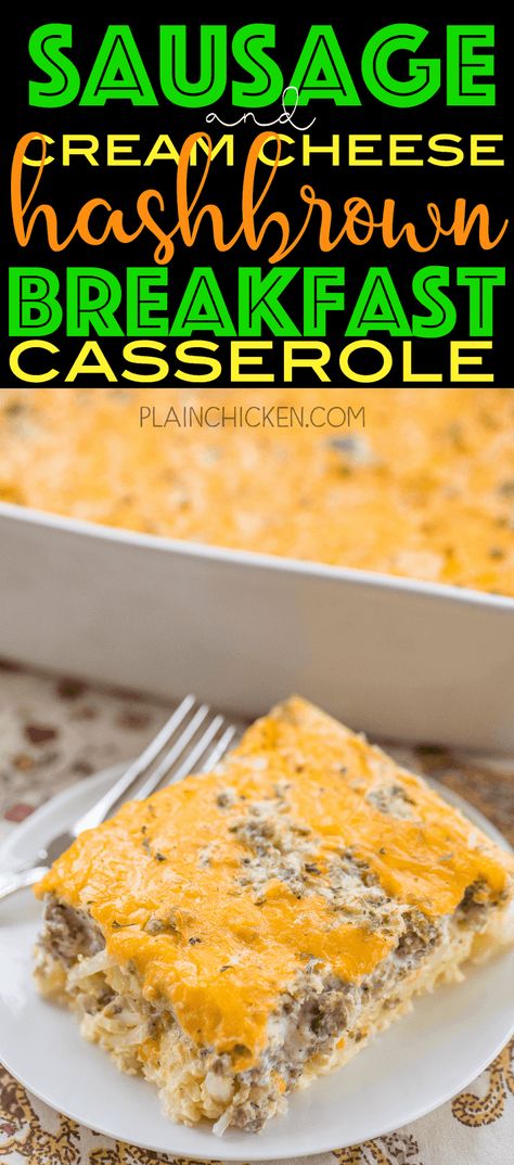 Sausage & Cream Cheese Hash Brown Breakfast Casserole - All of my favorite breakfast foods in one easy casserole! Hash browns, sausage, cream cheese, cheddar cheese, eggs, milk, garlic, onion, salt, and pepper. Can make ahead of time and refrigerate or freeze for later. Can split between two pans and bake one and freeze one for later. This breakfast casserole is great for breakfast, lunch, great for brunch, potlucks, tailgating, and any upcoming holiday breakfasts! SO GOOD! Sausage Hashbrown Breakfast, Sausage Hashbrown Breakfast Casserole, Hashbrown Breakfast, Sausage Crockpot, Breakfast Casserole Bacon, Frozen Hashbrowns, Crockpot Breakfast Casserole, Best Breakfast Casserole, Breakfast Hashbrowns