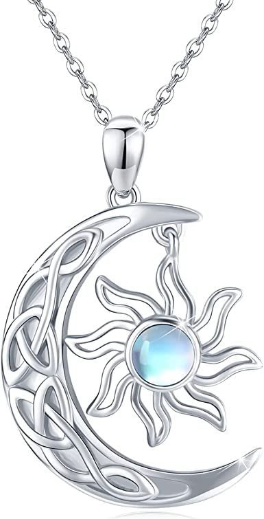 Crescent Moon and Sun Necklace 925 Sterling Silver Moonstone Pendant Necklace Celtic Jewelry Gift for Women Moon And Sun Necklace, Crescent Moon And Sun, Forest Morning, Sun Celestial, Zero Kiryu, Cosmic Magic, The Moon And The Sun, Moon And The Sun, Moonstone Pendant Necklace