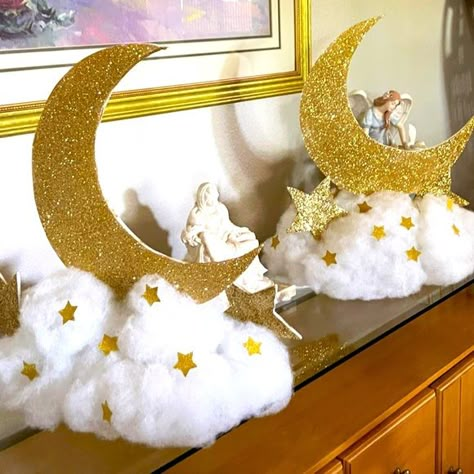 Starry night moons Half Moon Centerpiece, Over The Moon Centerpiece Diy, Moon Themed Centerpieces, Moon And Star Table Centerpieces, Diy Moon Decor Party, Starry Night Homecoming Decorations, Moon Star Cloud Centerpieces, Crescent Moon Centerpiece, Moon And Star Baby Shower Centerpieces