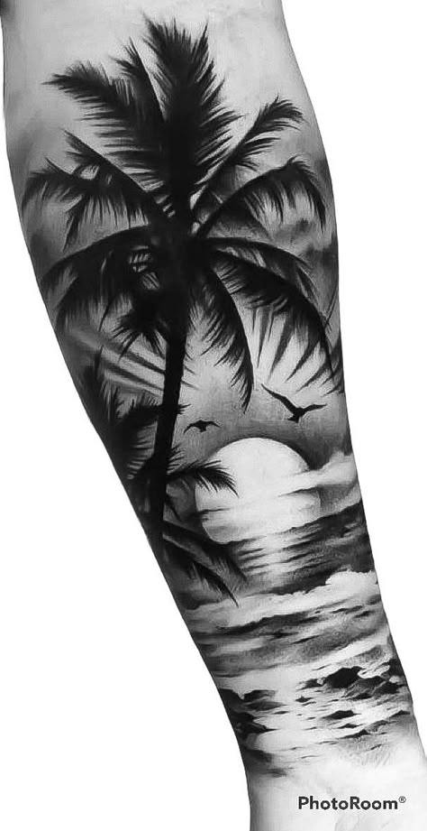 Beach Scenes Tattoo, Hawaii Sleeve Tattoo, Forearm Beach Tattoo, Beach Leg Sleeve Tattoo, Bahama Tattoo Ideas, Palm Tree Beach Tattoo Design, Tattoo Sleeve Shading, Palm Tree Tattoo Forearm, Palm Tree Tattoo Stencil