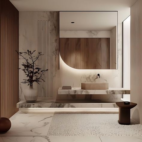 The space features a soothing neutral colour palette, highlighted by the use of natural materials like wood and marble, which add texture and warmth. Clean lines and uncluttered surfaces emphasise the minimalist aesthetic, while the inclusion of nature through plants and natural textures connects the indoor environment with the natural world. Functional elements are designed with both beauty and utility in mind, and subtle contrasts in materials and colours enhance the serene atmosphere. Soft... Japandi Style Home, Japandi Home Decor, Neutral Interior Design, Japandi Interior Design, Minimalist Bathroom Design, Japandi Home, Japandi Decor, Japandi Design, Wood Interior Design