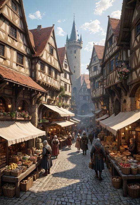 Fantasy World Building Art, Dnd Town Art, Mediavel Art, Fantasy Architecture Concept Art, Medieval City Concept Art, Fantasy Town Concept Art, Vila Medieval, Digital Art Wallpaper, Dnd Backgrounds