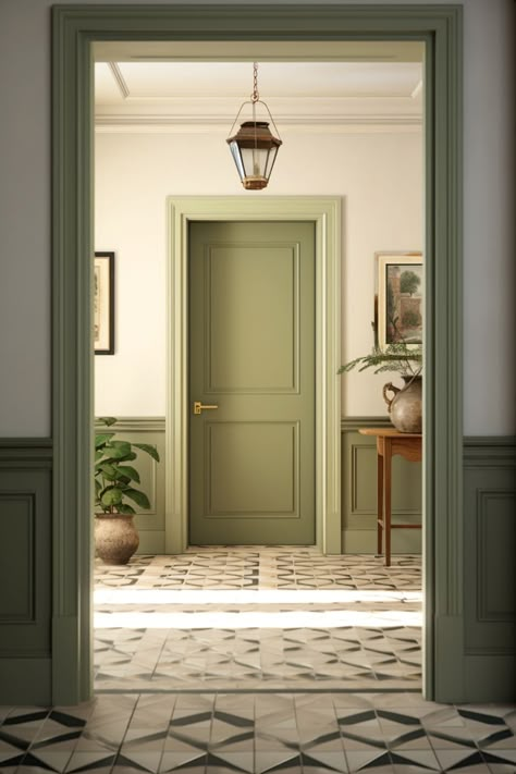 Painted Hallway, Hallway Door, Hallway Paint, Green Hallway, Hal Decor, Green Door, Wooden Blinds, Green Interiors, Door Color