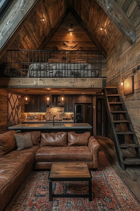 29 Small Cabin Interior with Loft Ideas for Smart Space-Saving Solutions 13 Modern Viking Longhouse, Small Cabin Layout, Rustic Tiny House Cabin, Rustic Log Cabin Interior, Diy Tiny Cabin, Log Cabins Interiors, Elevated Cabin, Texas Cabin, Tiny Cabins Interiors